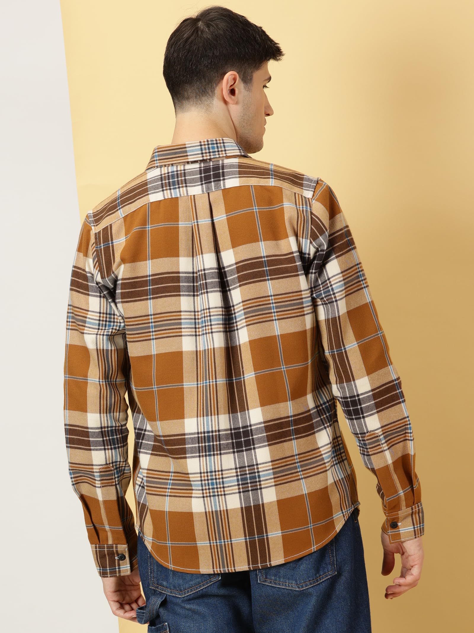 Thomas Scott - Camisa casual a cuadros para hombre (corte recto, 100% algodón, doble bolsillo, cuello ancho