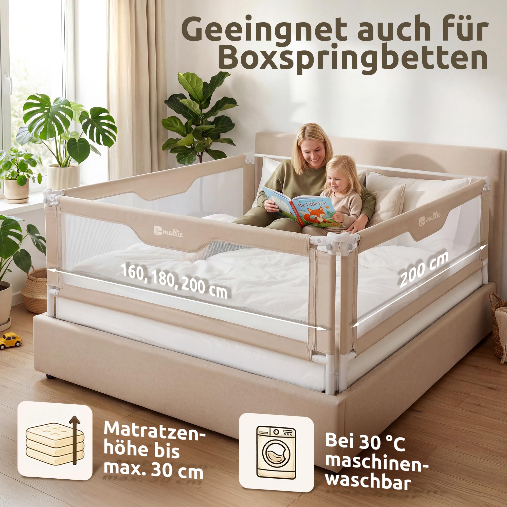 Mallie® Rausfallschutz Boxspringbett 180x200cm Elternbett Beige | 3-seitiges Set mit MALLIEFIX 2.0 Click-System, extra hoch | Bettgitter & Bettschutzgitter für Baby & Kinder