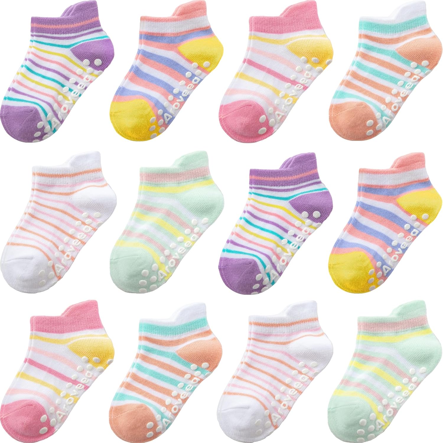 Aroveea ベビー 幼児 ソックス グリップ ノンスリップ 男の子 女の子 コットン 12足パック 子供用 足首 かわいいソック