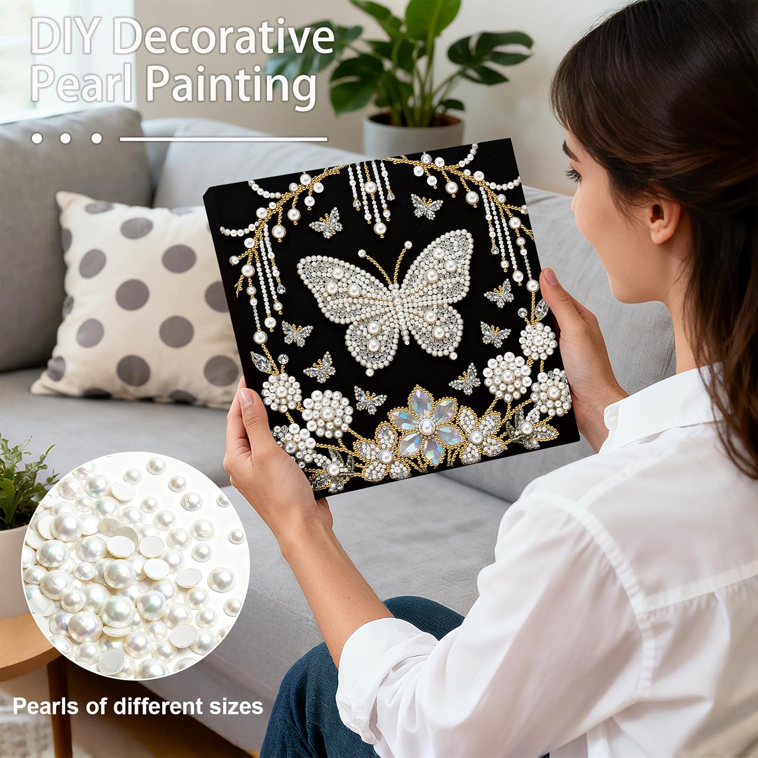 DIY Diamond Pearl Painting Kit for Adults Handmade DIY All-Pearl Dot Painting, 3D Gemstone Art Crafts for Gift Elegant Home Wall Decor-Butterfly-2