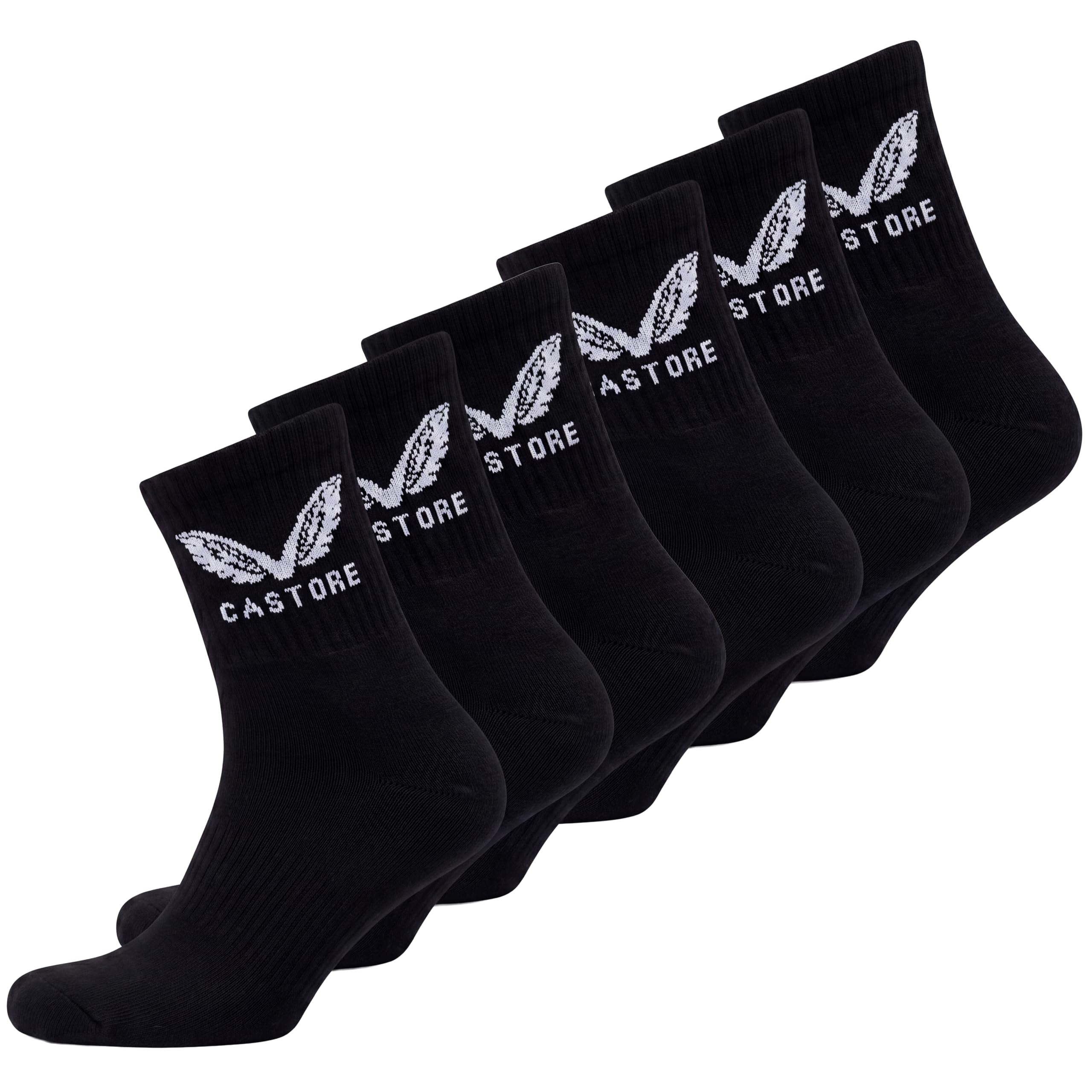 Castore Men's & Women's 6-Pack Half Cushioned Quarter Crew Socks – Black Performance Athletic Sports Socks for Running, Training & Gym – Arch Support & Comfort Rib Black UK 7-8.5