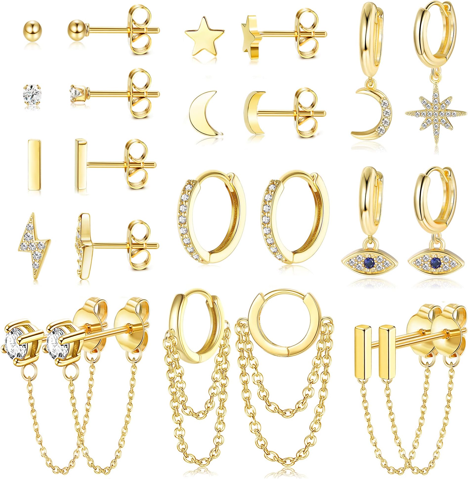 JeweBella12Pairs Dangle Hoop Earrings for Women Stainless Steel Mini Star Moon Hanging Hoop Earrings Hypoallergenic Gold Chain Hoop Earring Set Zircon Bar Studs Earrings Gold/Silver