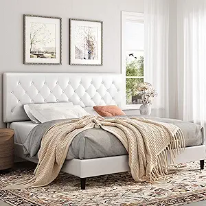 Keyluv Upholstered Platform Bed Frame with Button Tufted Headboard, Faux Leather, Wooden Slats Support, No Box Spring Needed, Easy Assembly, King Size, White