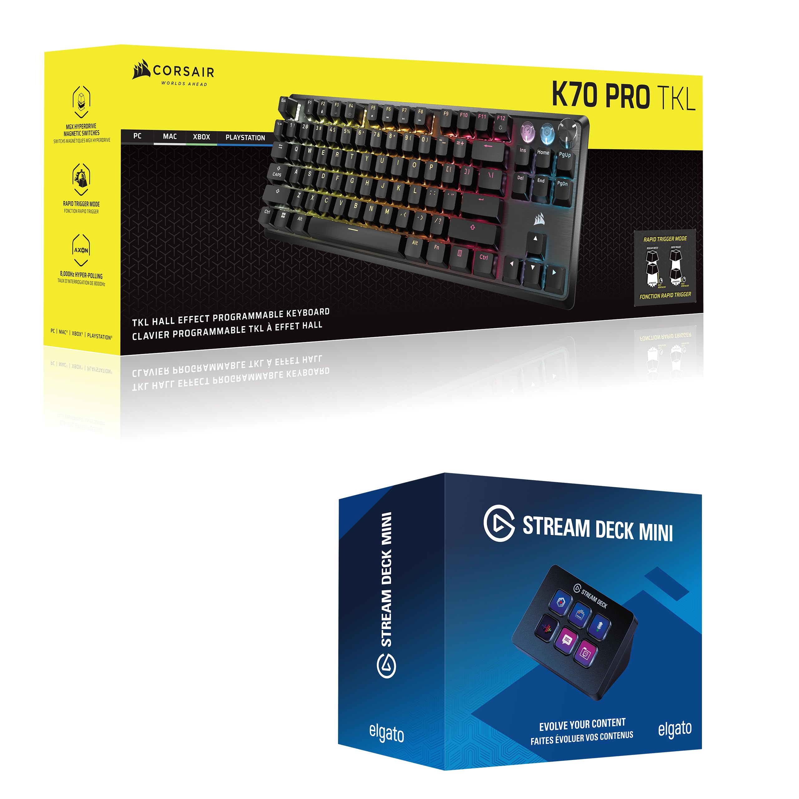 Corsair K70 Pro TKL + Elgato Stream Deck Mini Paquete - Teclado para Juegos con Cable Magnético-Mecánico con Studio Controller para Zoom, Teams, PowerPoint, MS Office, etc, Compatible with PC/Mac