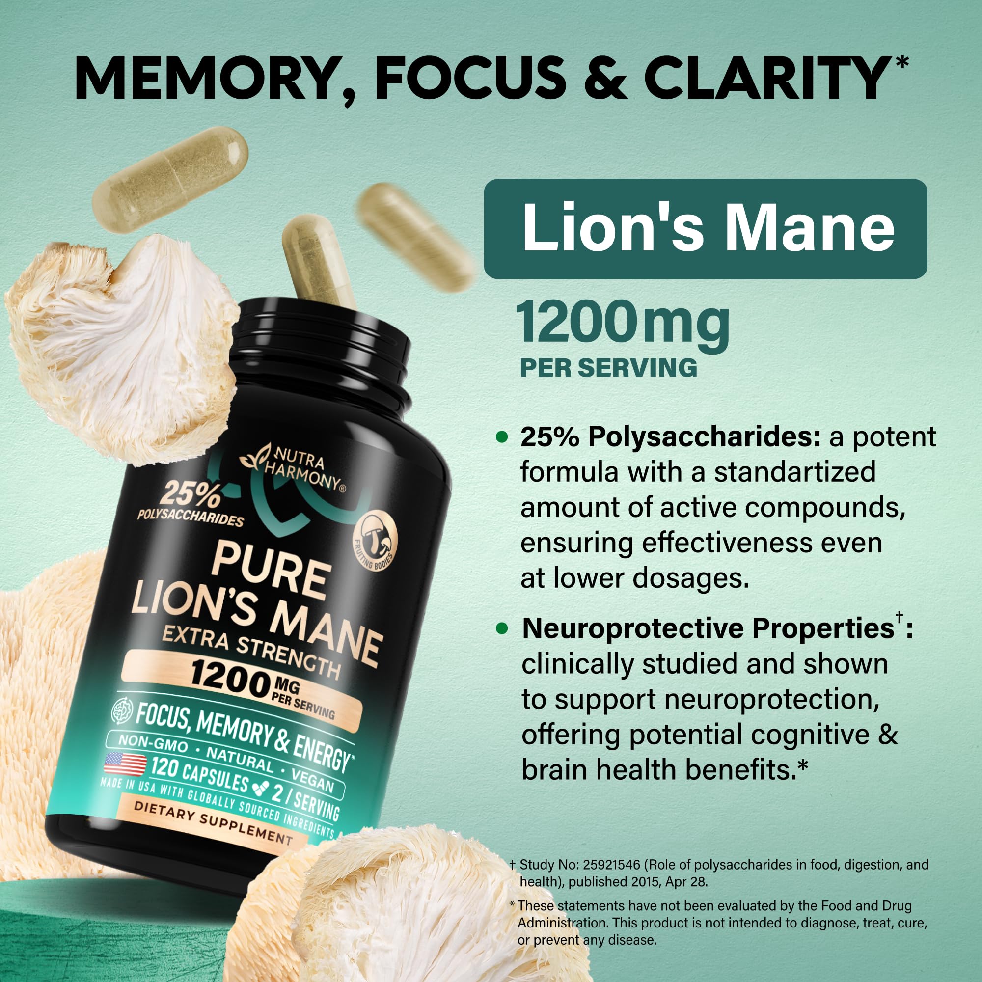 Lions Mane Supplement Capsules - Organic Lions Mane 1200 mg, 120 Vegan Caps — Amazon image 4