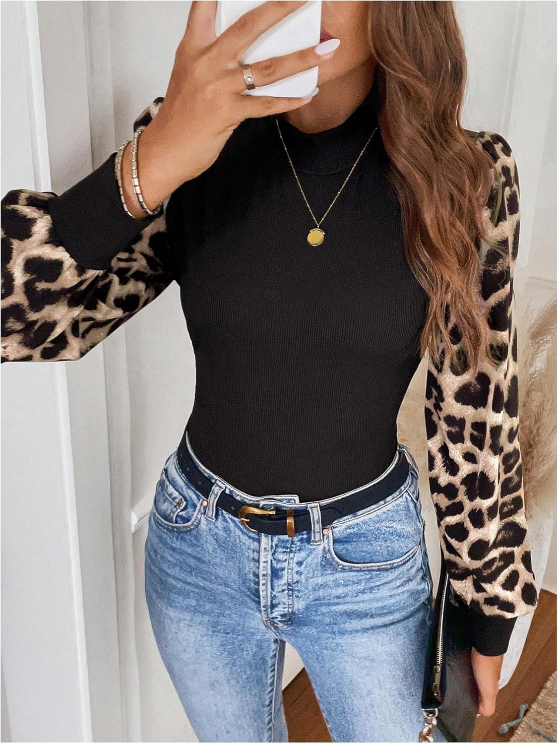 MakeMeChic Women's Leopard Print Long Sleeve Mock Neck Slim Fit Blouse Casual Shirt Tops - Image 3