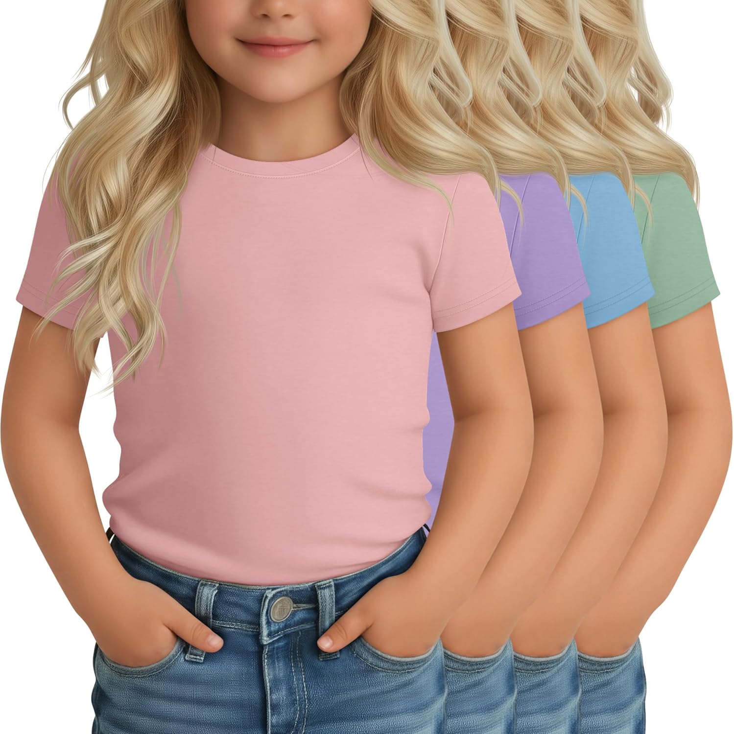 Yooo's Vivi 4 Pack Toddler Girls Shirts Short Sleeve Baby Crew Neck Fitted Tops Basic Solid Casual Summer Tees 18M-5T