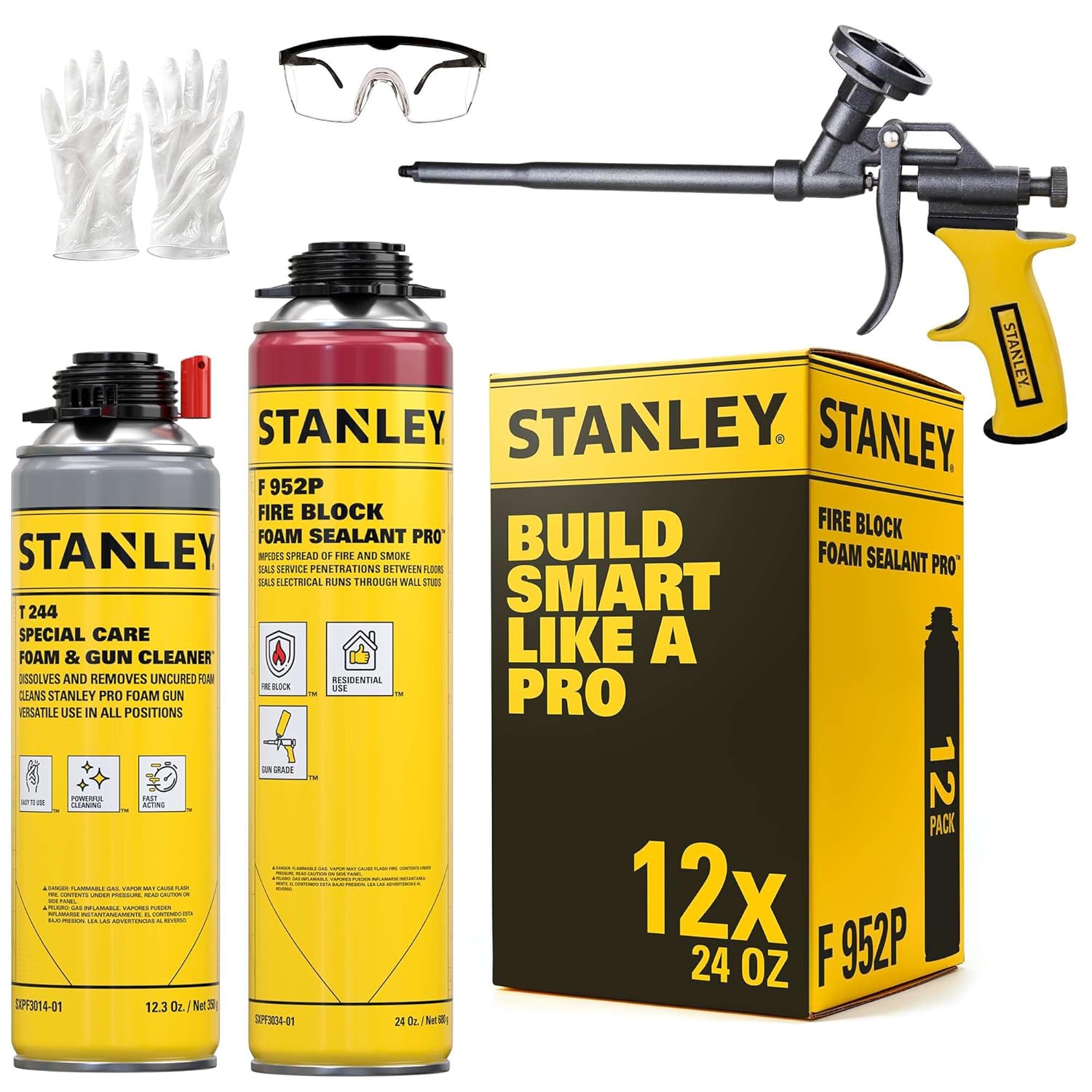 Stanley F952P Fire Block Spray Foam Sealant (12×24 Oz.) – Expanding Polyurethane Foam Insulation, High Yield, Heat Resistant, Gun Grade Application | Includes Gun & Cleaner | 24 Oz. 12 Pack