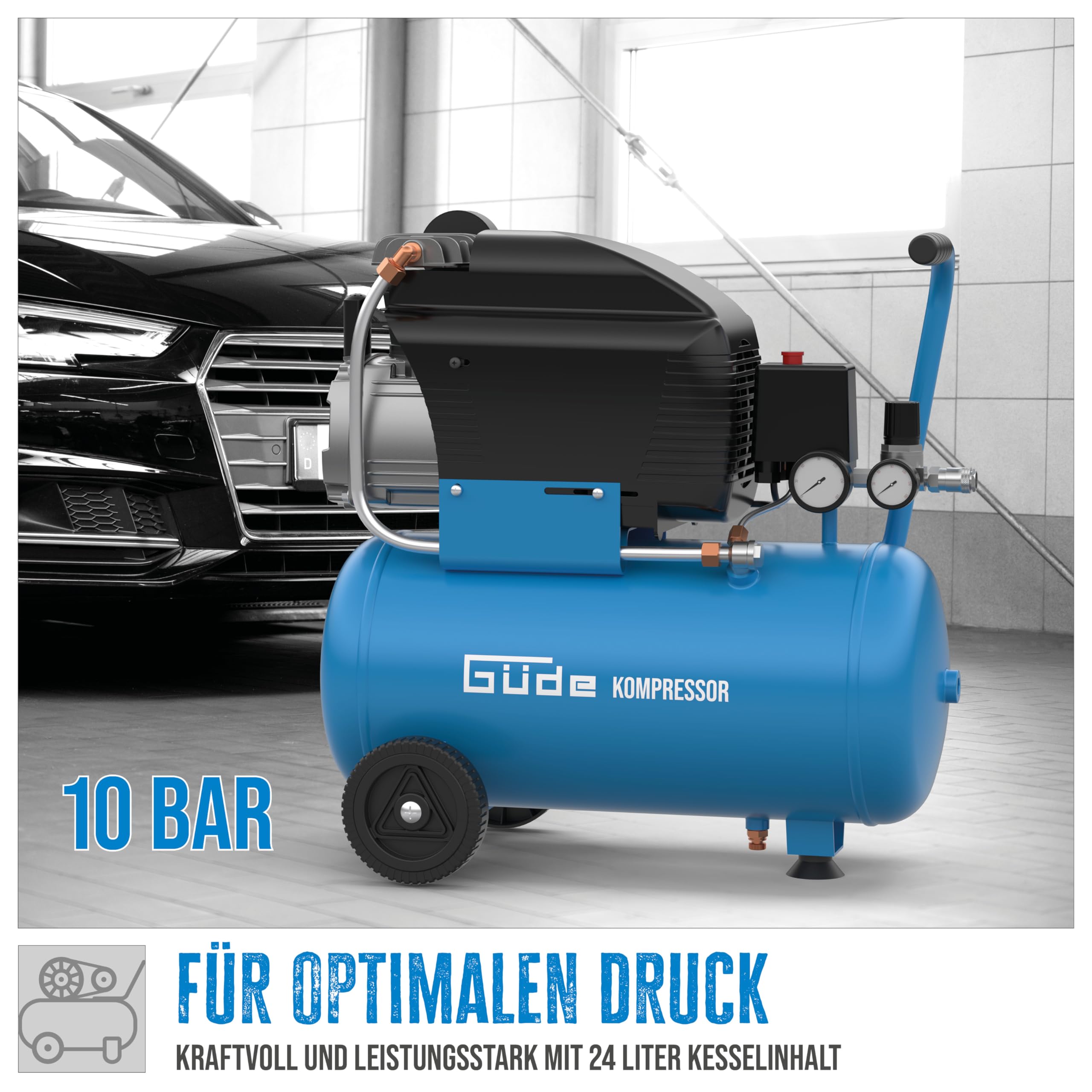 Güde Kompressor 231/10/24 (ölgeschmiert, max. 10 bar, 1500 W, Kessel 24 l, Ansaugleistung 206 l/min, Druckminderer, 2x Manometer, Sicherheitsventil, Kondensatablassschraube, Luftfilter, mobil)