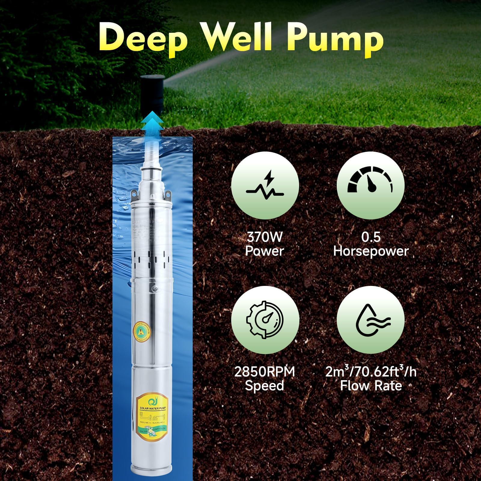 Bomba solar de pozo profundo de 24 V, bomba de agua sumergible de acero inoxidable de 370 W para riego agrícola, suministro de agua y aumento de presión