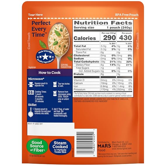 BEN'S ORIGINAL Ready Rice Brown Jasmine Rice, Easy Dinner Side, 8.5 oz Pouch (Pack of 12)