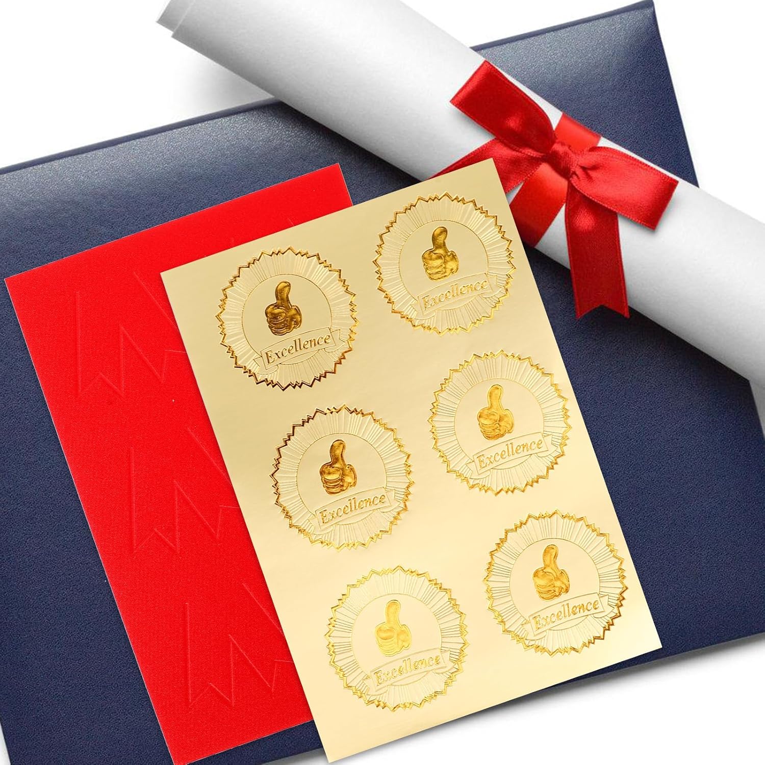 Creative Diploma Medals Stickers Set with 36 Gold Embossed Seals and 36 Red Ribbon Stickers Self-Adhesive Certificate Seal for Graduation Awards and HonorsNO.2997