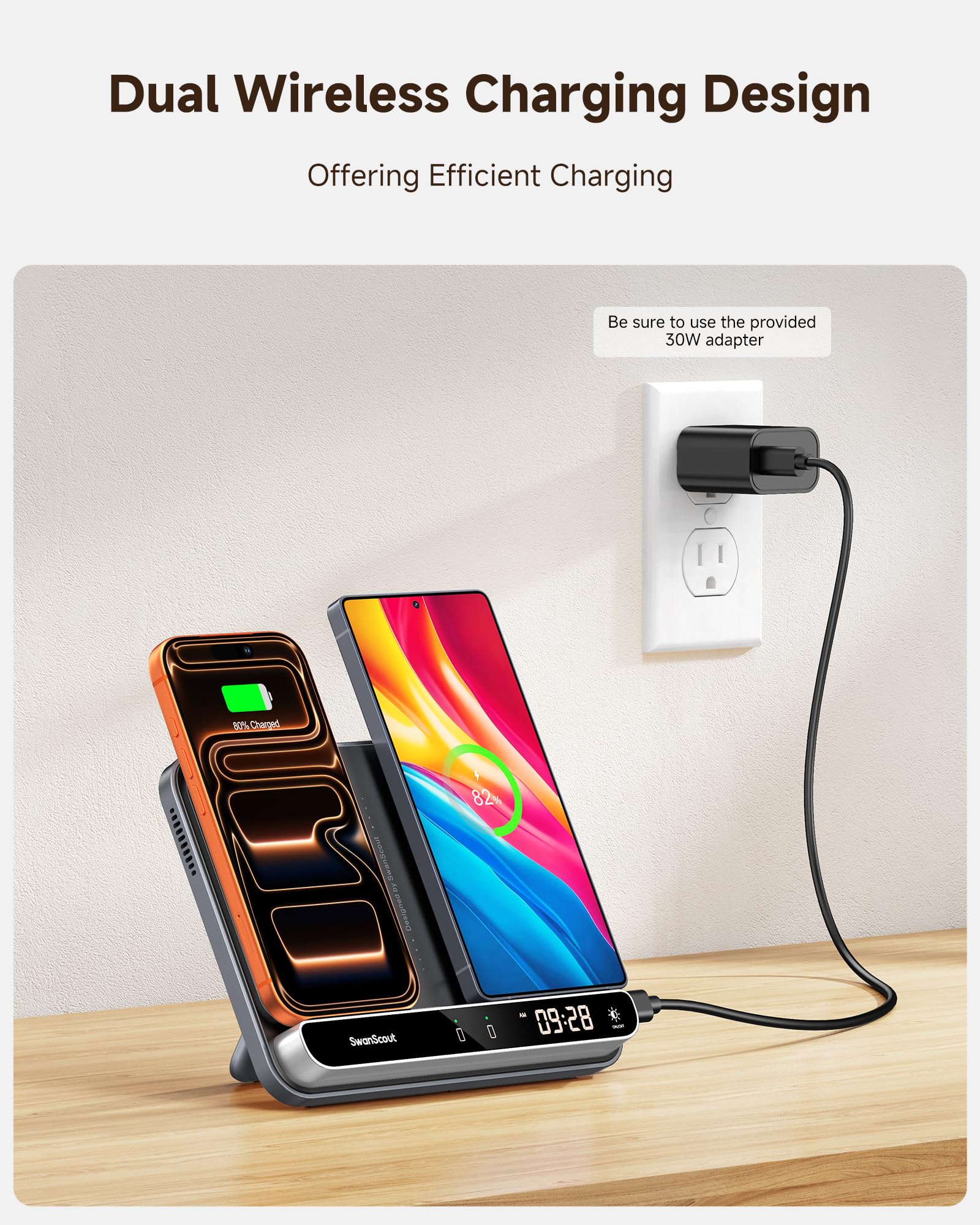 Dual Induktive Ladestation für 2 Handys, Doppel Handy Ladestation für iPhone Air/17 Pro/17 Pro Max/17/16/15/14/13/12/Samsung Galaxy S25/S24/S23/S22/S21/S20, Pixel 9, AirPods/Galaxy Buds, SwanScout 504
