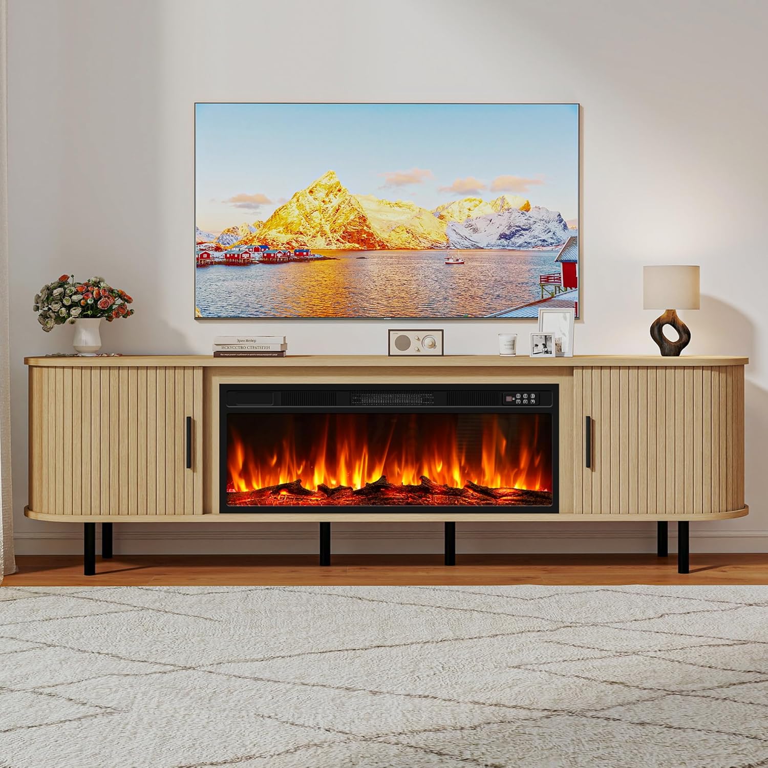 Ludatido 80" Fireplace TV Stand Electric Entertainment Center for TV Up to 90", Mid Century Modern Fireplace TV Console Cabinet, Oak Curved Fluted TV Stand with 36" Fireplace for Living Room Bedroom