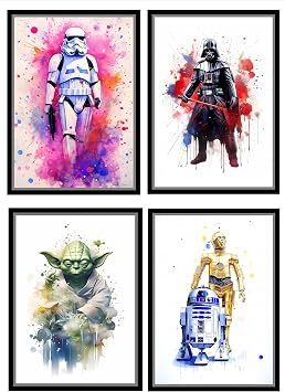 SIGNED BY THE STARS Set of 4 individual Star Wars Art Prints Storm Trooper, Darth vader, Yoda, C3PO R2D2 Print size 29.7cm x 21cm each