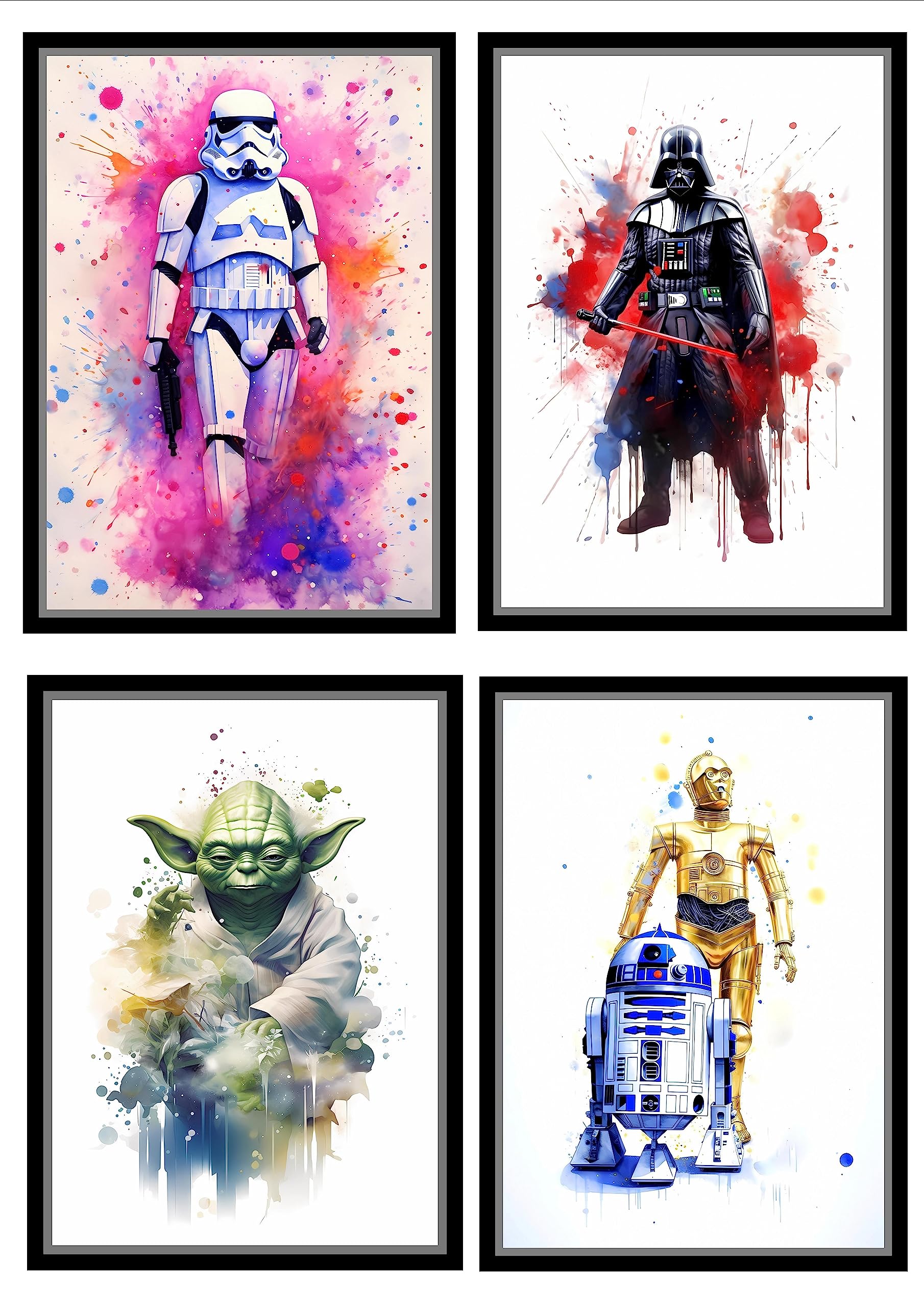 SIGNED BY THE STARS Set of 4 individual Star Wars Art Prints Storm Trooper, Darth vader, Yoda, C3PO R2D2 Print size 29.7cm x 21cm each