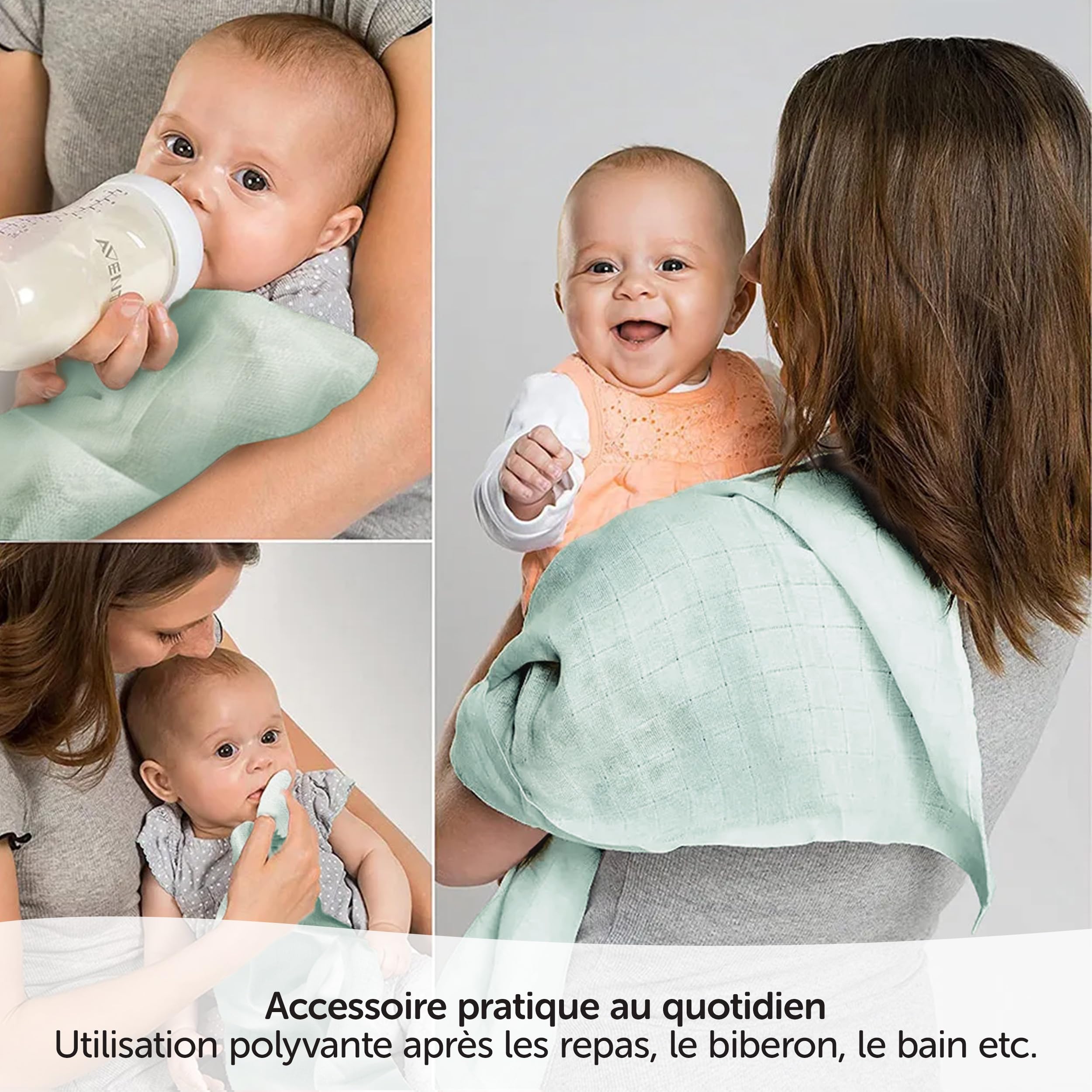 MAKIAN Lot de 8 x Lange Bebe Gaze de Coton 70x70 cm | Vert Glace, Menthe, Beige, Taupe I Certifiés OEKO-TEX Standard 100 I 8 Mousselines Double Gaze – Qualité Premium