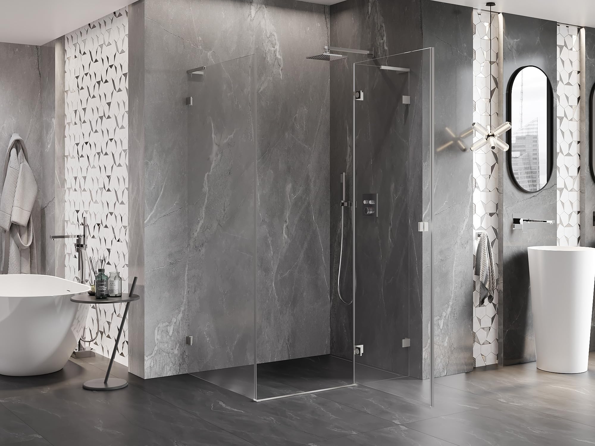 Mexen Lunar L Box Doccia Destra con Porta Battente 85x90 Trasparente Nichel Spazzolato