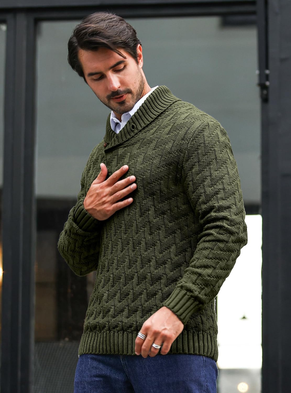 Men's Dressy Cable-Knit Sweater Buttoned Mock Neck Pullover for Fall & Winter, S-5XL - Image 3