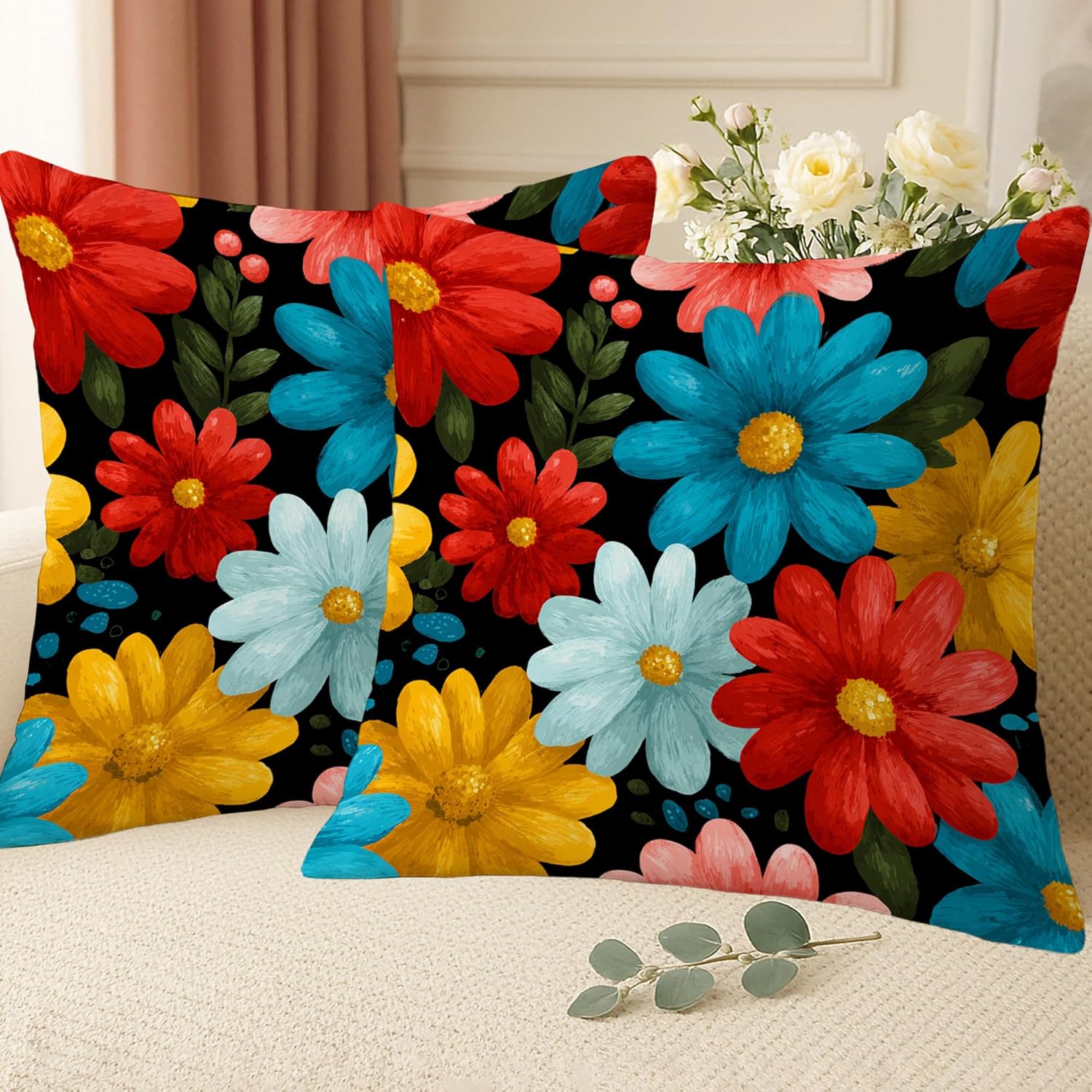 Spring Daisy Pillow Covers Set of 2, Turquoise Red Painted Flowers Throw Pillow Cases, Artistic Outdoor Decorative Square Vintage Decor Cushion Covers for Home Sofa Bed Couch 28x28 Inch