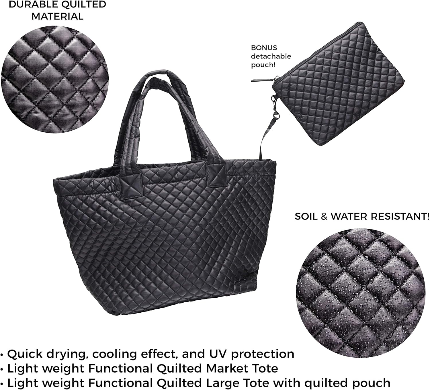 Comfortable Lightweight Large Quilted Zipper Tote with Pouch water repellent Black - Image 5