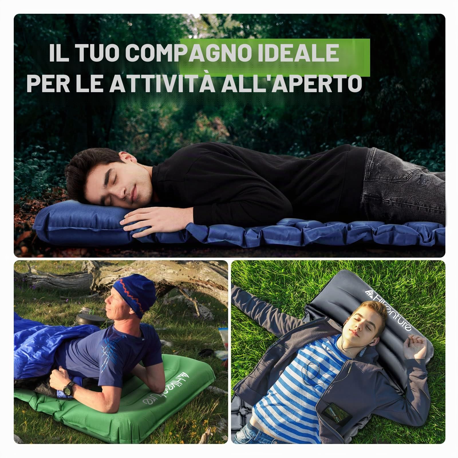HIKENTURE Materassino da campeggio, dimensioni ridotte, ultraleggero, per esterni, materassino gonfiabile, per campeggio, viaggi, attività all'aperto, escursioni, spiaggia (blu, verde, grigio)