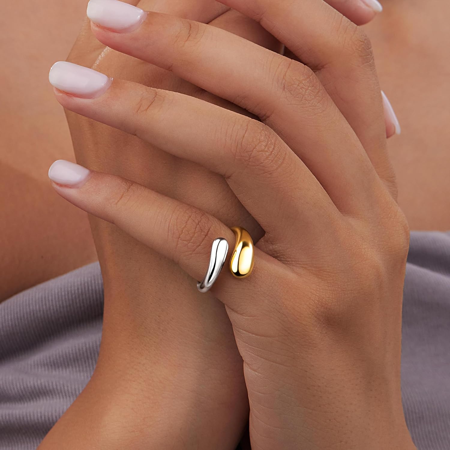 Non Tarnish Gold Chunky Rings for Women, 14K Gold Plated Statement Dome Rings Stacking Silver, Adjustable Mens Eternity Wedding Band Mixed Metal Jewelry Size 3-13 - Image 3