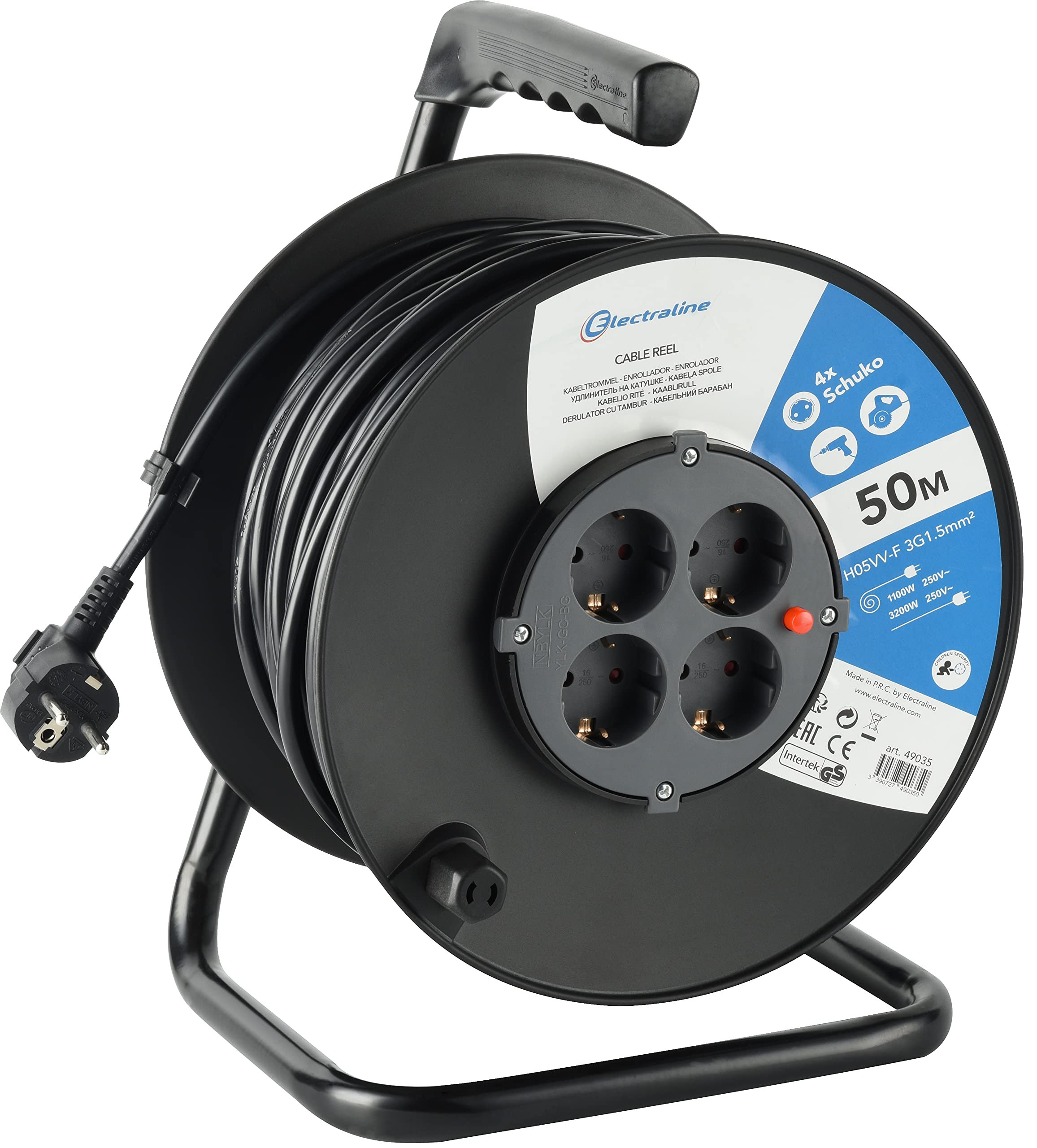Electraline 49035 Enrouleur de câble H05VV-F 3G1,5 50 m IP20 Indoor/Kabelrolle mit 4 Schuko/Kabelbox mit Verlängerungskabel/Leitungsroller mit Kurbel, Schwarz, Schwartz