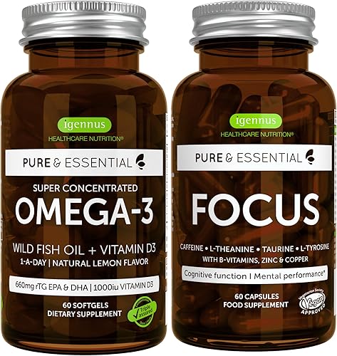 Omega-3 y vitamina D3 1000iu + paquete de refuerzo cerebral de enfoque, acción rápida 1 al día EPA y DHA rTG aceite de pescado salvaje + cafeína,