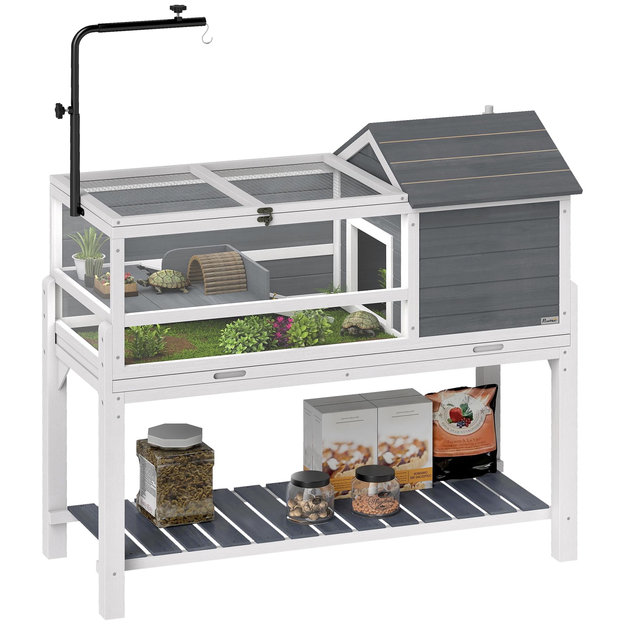 PawHut Casa para Tortugas de Madera, Terrario para Reptiles con Soporte para Lámpara Ajustable, Techos Abatibles, Bandeja Extraíble, Estante de Almacenaje y Paneles Transparentes, Caseta para Tortugas