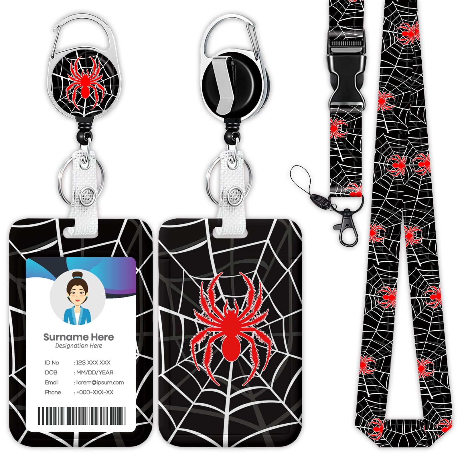 Red Spider Black Web Badge Holder Reel Lanyard, Halloween ID Card Badge Holder Retractable Name Tag Clips for Doctor Nurse Teacher Office Student