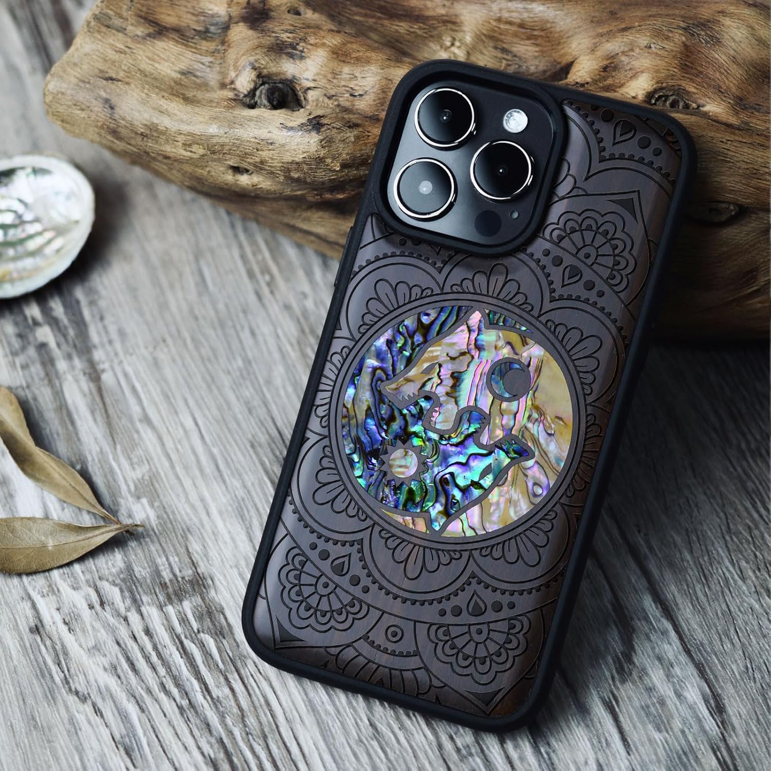 Carveit Designer Wooden Protective Magnetic Case for iPhone 14 Pro Max Case [Wood Engraving & Shell Inlay] Compatible with 14 Pro Max MagSafe (Shell Yin Yang Wolf-Blackwood)