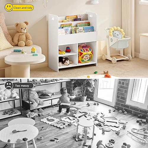 Miniatura 5 de VECELO Estantería para niños, 2 en 1 con estantes y 3 cubos de diferentes tamaños, organizador de madera para almacenamiento de juguetes para Blanco