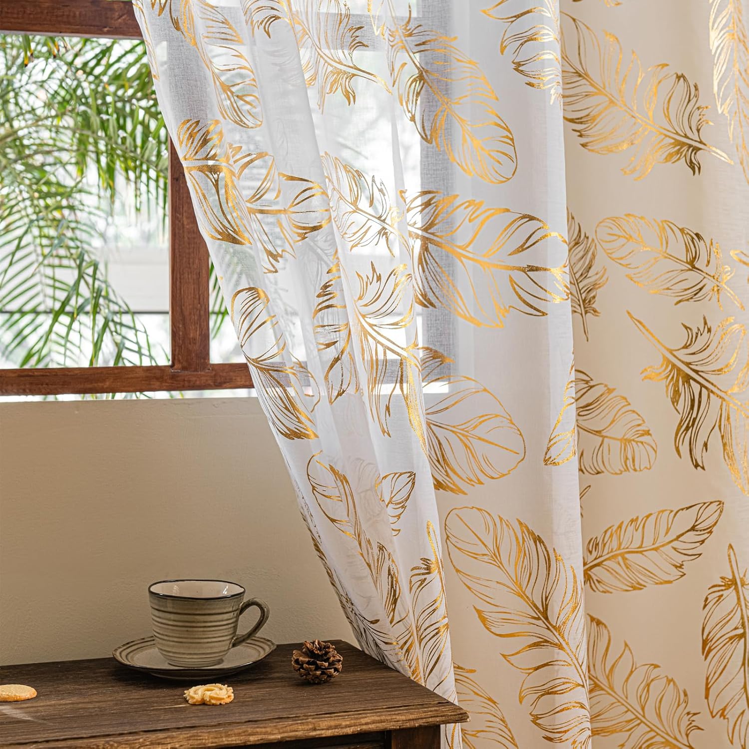 Deeprove White and Gold Sheer Curtains 63 inches Long 2 Panels for Bedroom Living Room Nursery Closet Decor Bronzing Metallic Gold Feather Foil Print Golden Window Treatments Pair Set W52 x L63 Inch