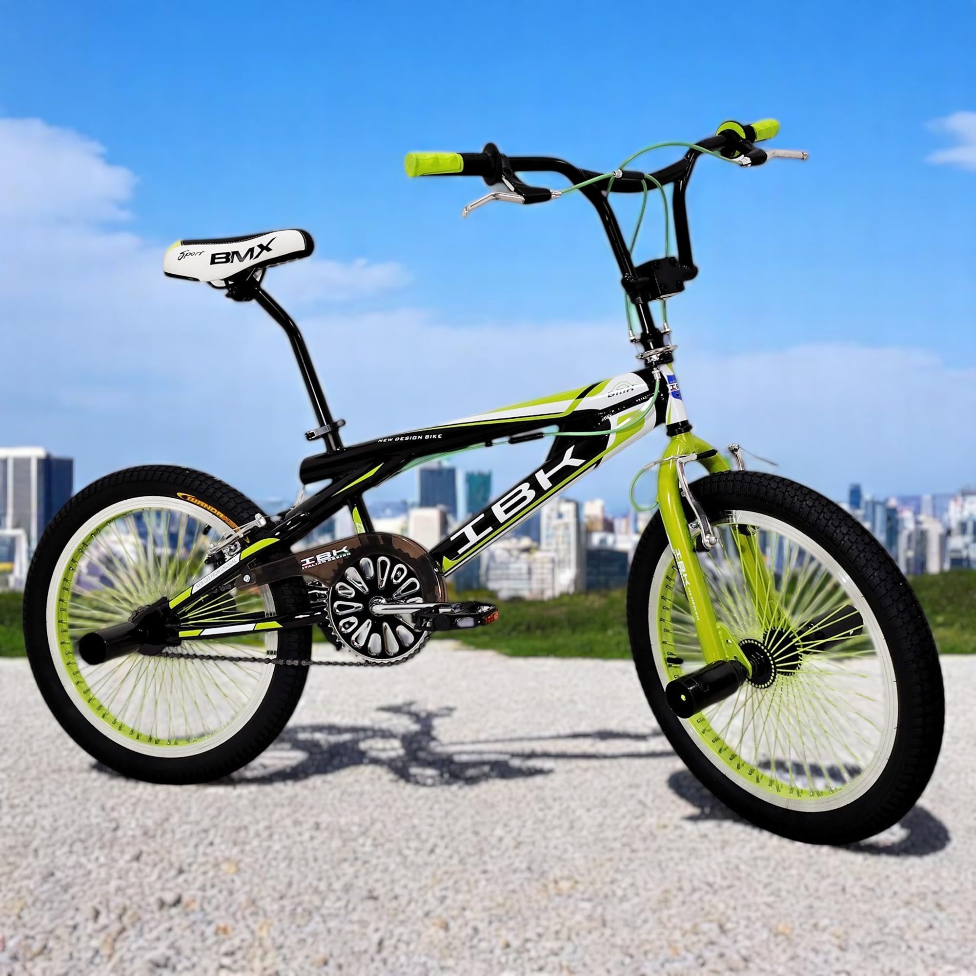 IBK Bici BMX da 20'' pollici, bicicletta Freestyle leggera, Sistema Sterzo Rotore a 360°, poggiapiedi, paracatena, ruota libera, monovelocità, verde, rossa, blu