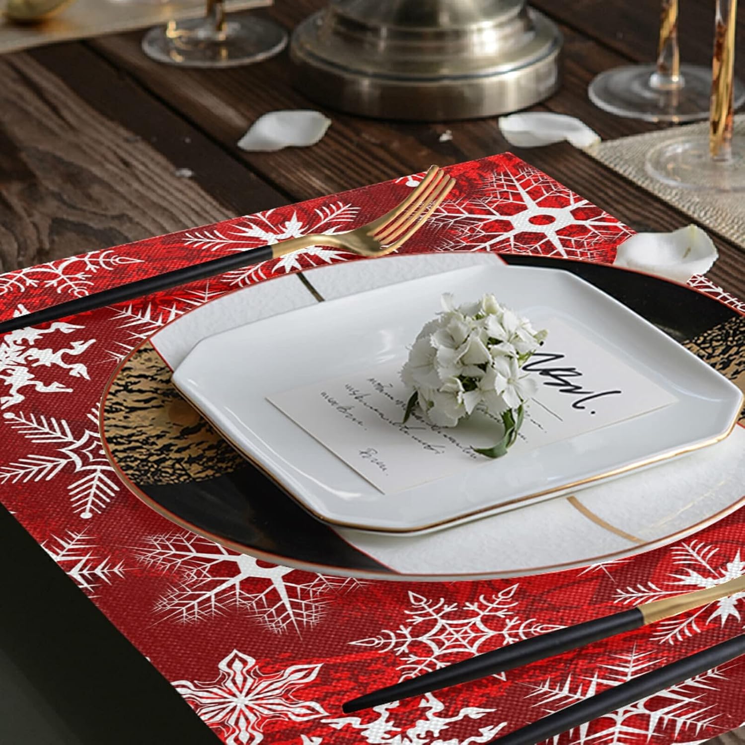 Christmas Placemats Set of 6 Christmas Red Pattern with Snowflakes Flower Placemat Table Place Mats for Dining Kitchen Table Easy to Clean Washable 12" x 18"
