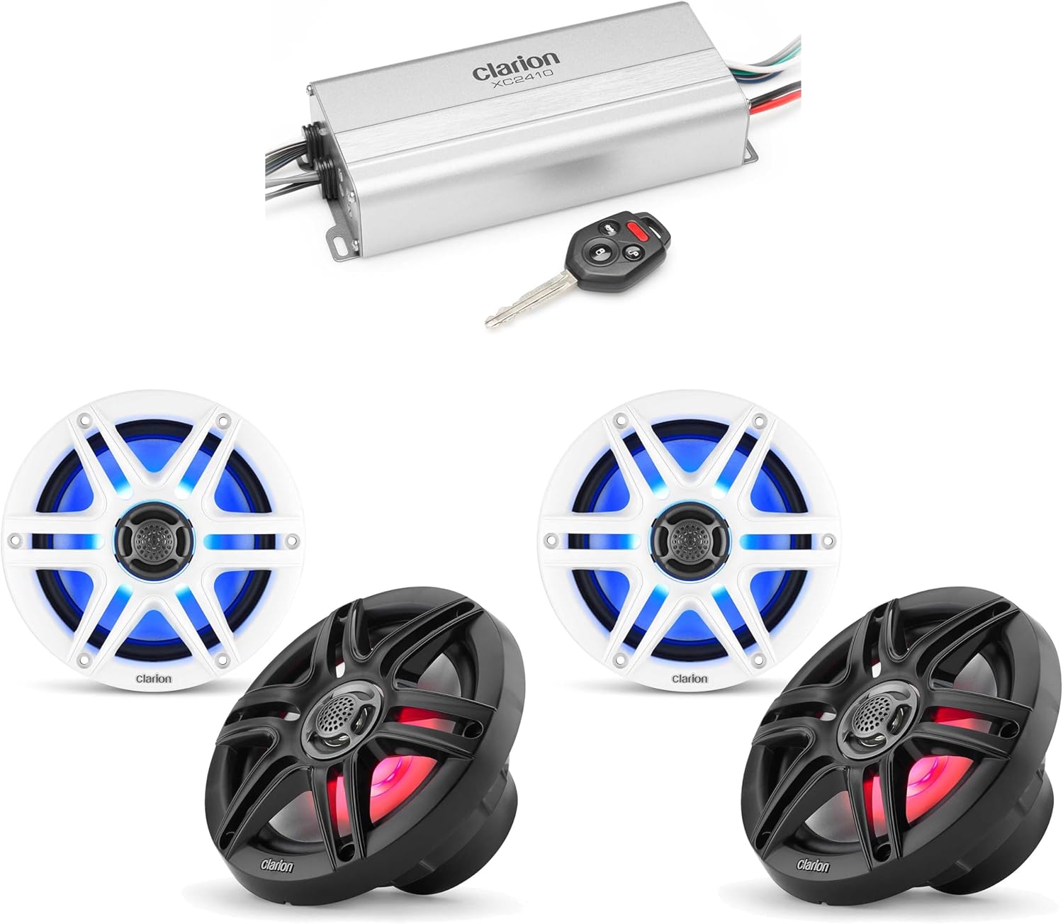 Clarion Marine 4 Channel Amp & (2) CMS-651RGB-SWB 6.5" LED Boat Audio Upgrade Bundle