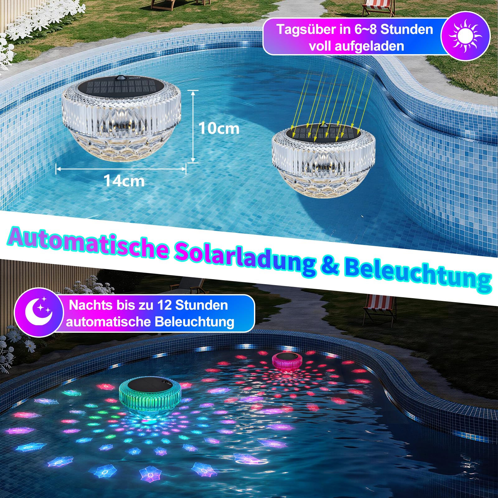 SIBI LIGHTING Schwimmende Poolbeleuchtung Solar, RGBW Poollicht mit Fernbedienung, IP68 Wasserdicht Pool Beleuchtung für Schwimmbad, Teich, Party, 2 Stück