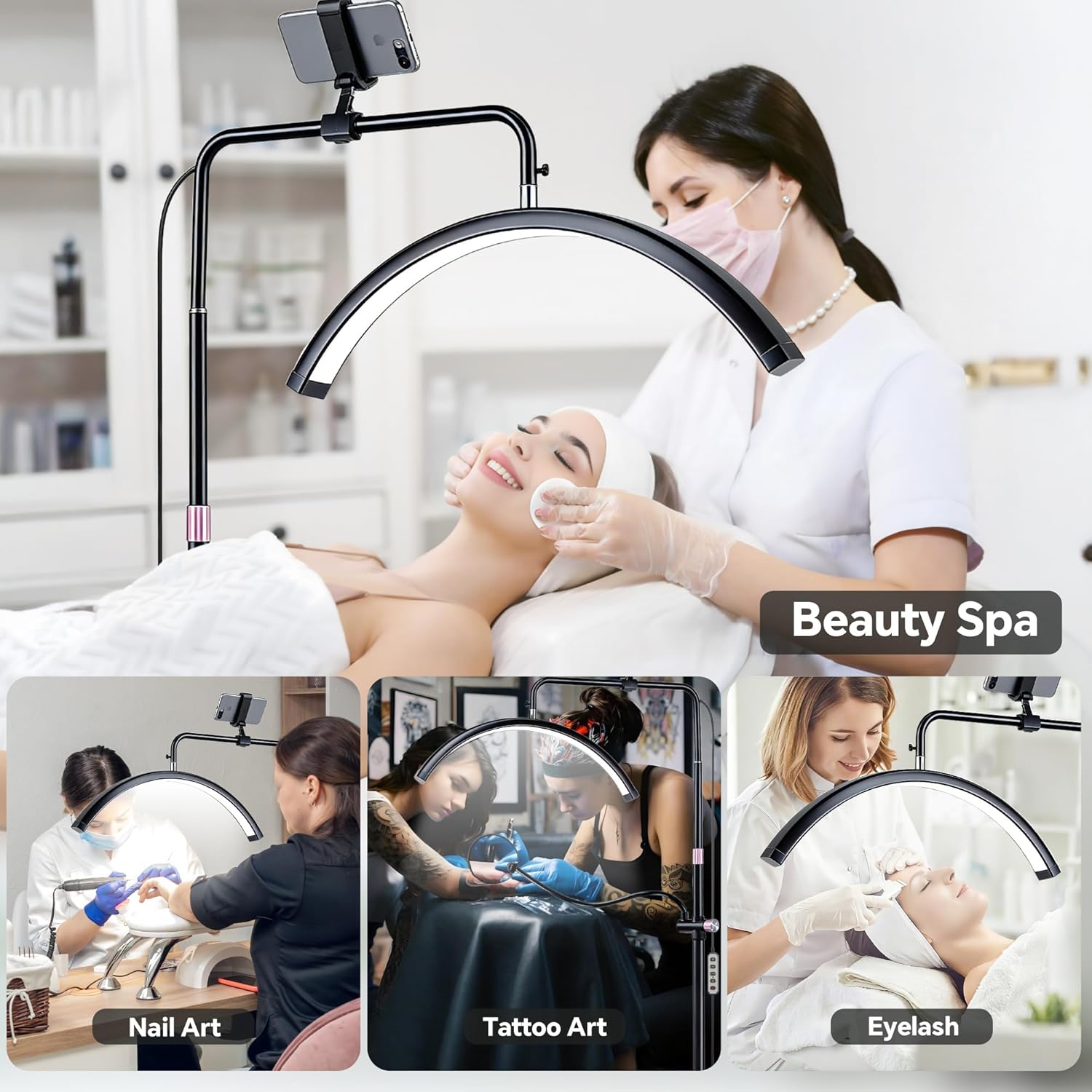 Half Moon Light for Lash Tech: Floor Lash Light for Eyelash Tech with 4X Magnifier&Phone Holder, Adjustable Brightness, 5CCT - LED Esthetician Lights for Tattoo Artists, Nail Art,Skincare,Salon SPA