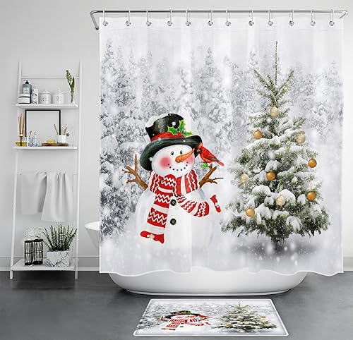 Miniatura 8 de Christmas Snowman Shower Curtain for Bathroom Cardinals and Xmas Tree with Xmas Ball on Snowfield Bathroom Shower Curtains with Hooks, Winter Forest