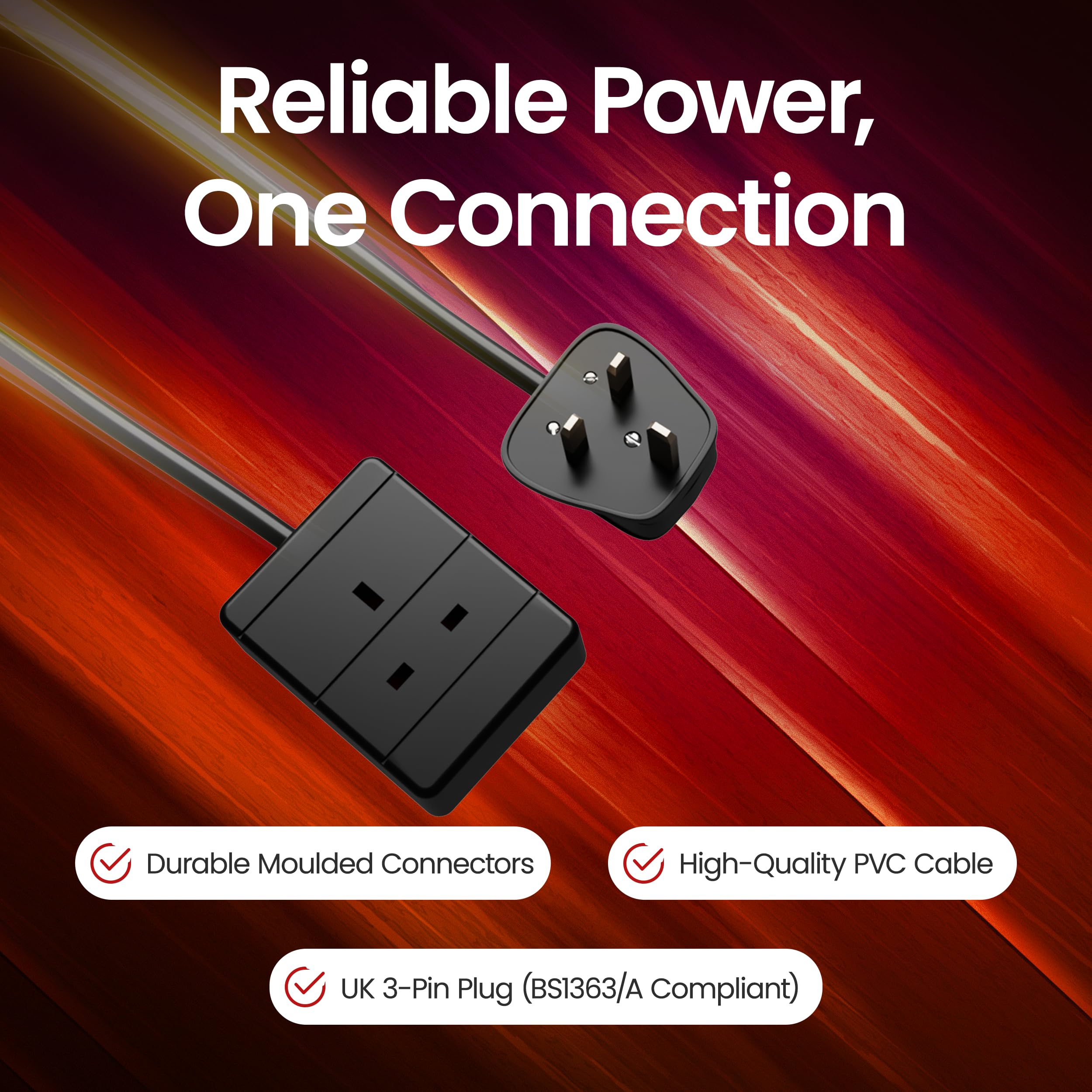 rhinocables UK Plug Extension Wire | 13A Triple Socket Power Cable for Computers, Lamps & AV Systems | BS1363/A Approved 230V Lead, Black (3m) — view 2