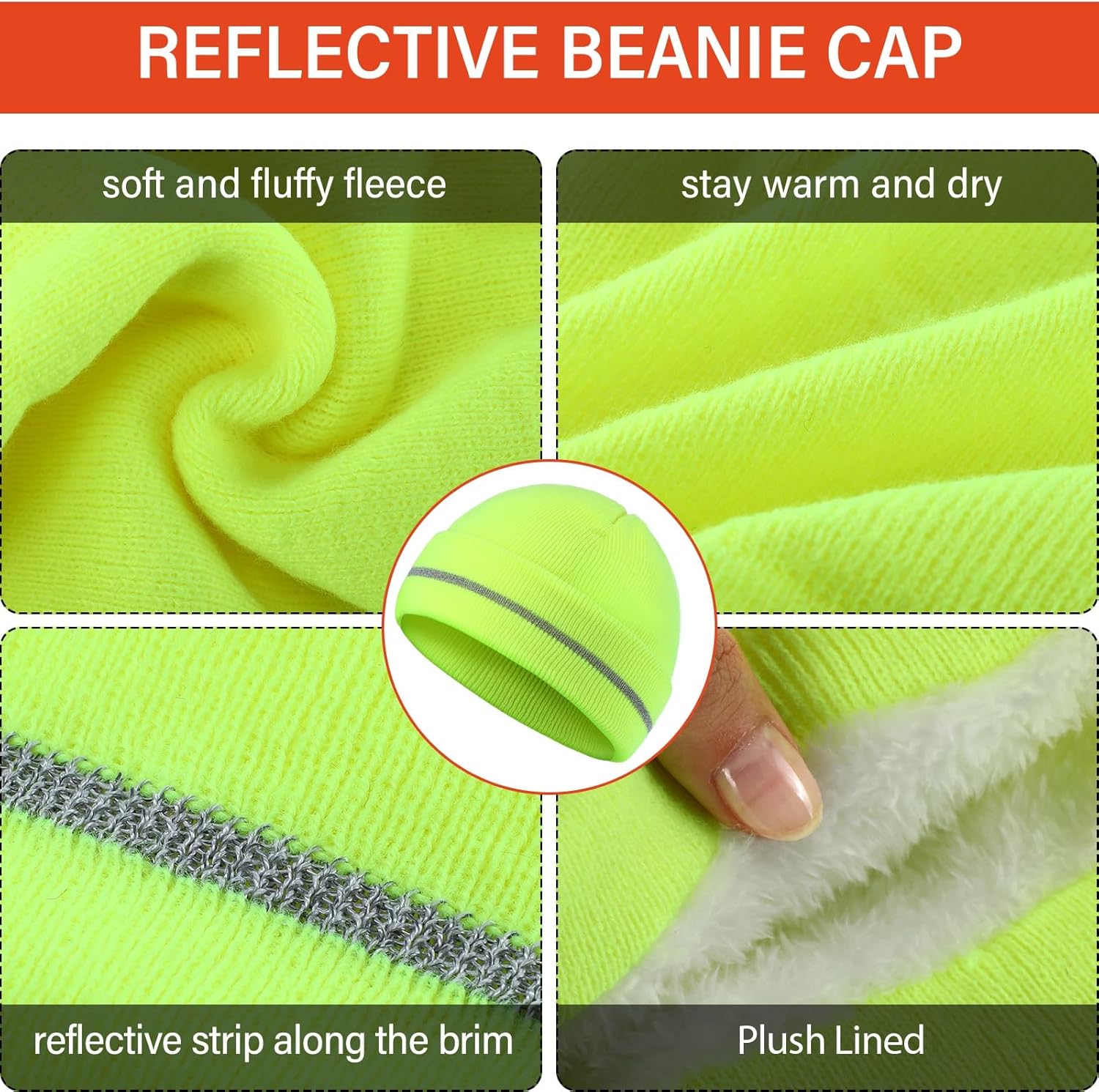 Geyoga 12 Pcs Reflective Knit Hat Winter Safety Beanies Fleece Lined Hi Vis Hat Warm Knitted Cap for Adult Work Running - Image 4