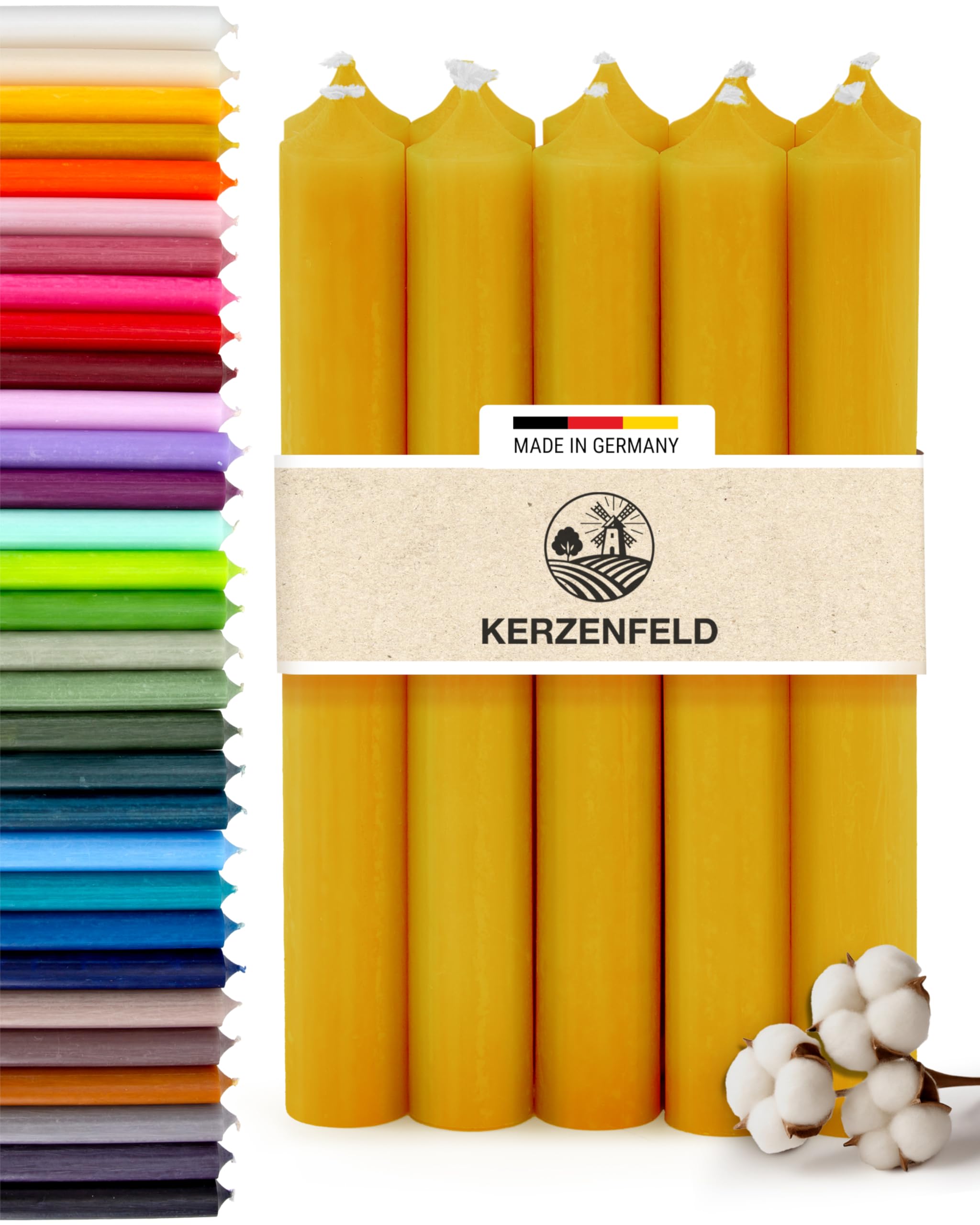 Stabkerzen Currygelb, 10 Stück, 180mm x 22mm, Durchgefärbte Spitzkerzen, 8+ Stunden Brenndauer, Made in Germany - Ohne Tropfen & Rußen - Unparfümierte und RAL-Zertifizierte Tafelkerzen