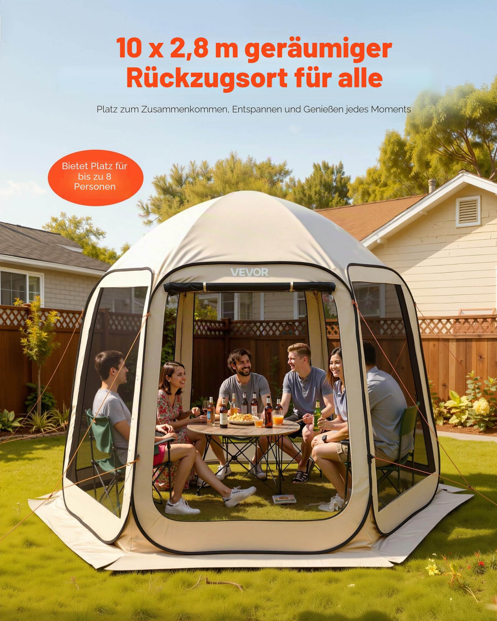 VEVOR Screen House Zelt, 3 x 2,8 m, 4-8 Personen, Pop-Up-Sichtzelt, tragbar, abgeschirmt, mit Tragetasche, Netzseiten, Erdspieße, für Garten, Terrasse, Hinterhof, Outdoor-Aktivitäten, Beige