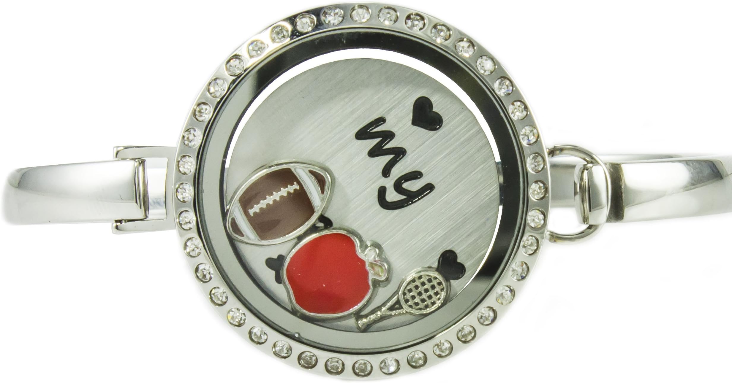 BG247 Floating Locket Bangle Bracelet with Choice of 6 Charms and 1 Plate (Silver Rhinestone Circle) (Size 8)