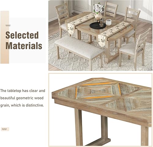 Miniatura 6 de Juego de mesa de comedor de madera de goma de 6 piezas con patrón de grano de madera y cojín suave mesa de comedor rectangular con 4 sillas