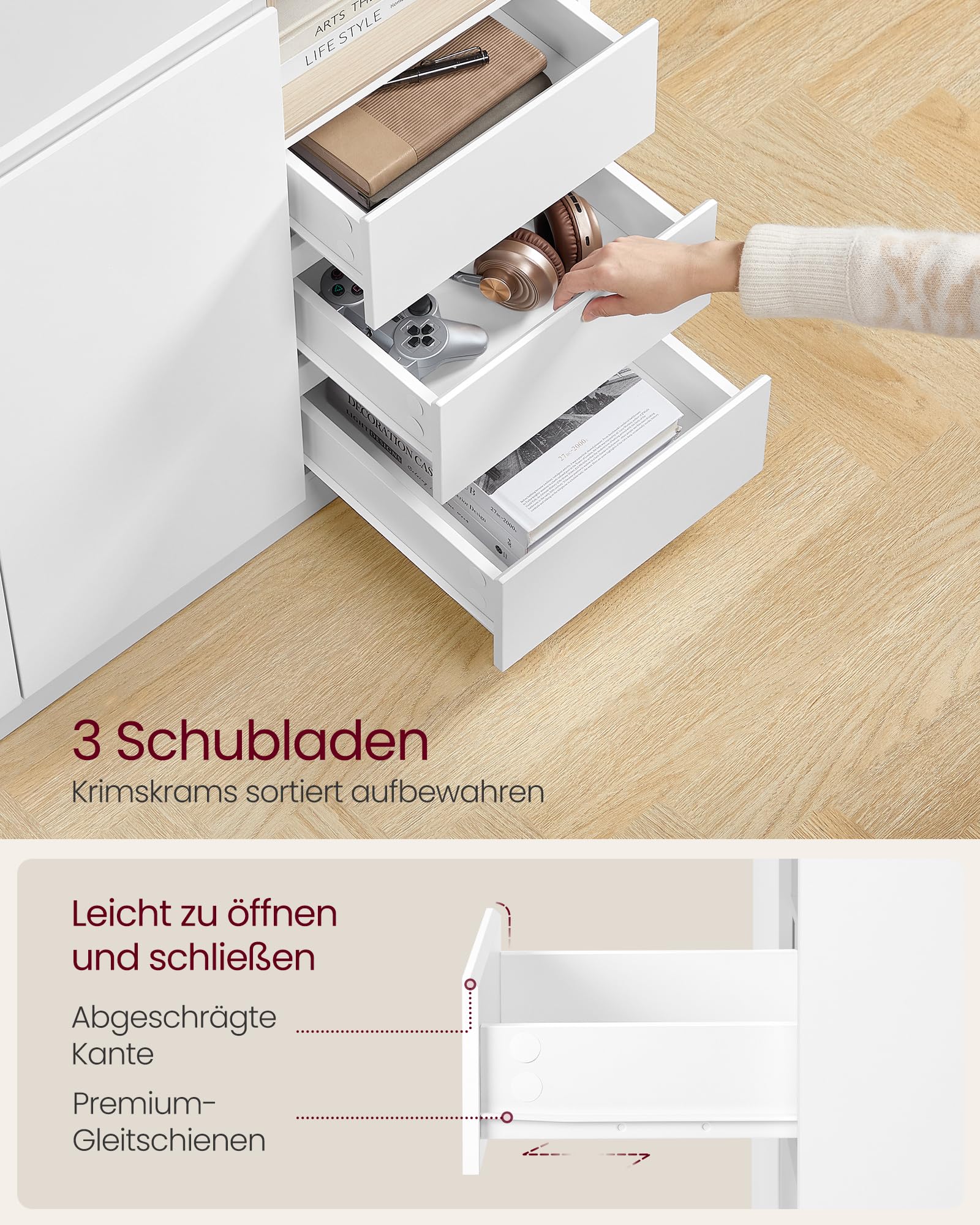 VASAGLE Kailyn Kollektion - Aufbewahrungsschrank, Sideboard, Küchenschrank mit Türen, höhenverstellbare Ablage, 3 Schubladen, modern, 40 x 103,3 x 74,5 cm, wolkenweiß BBK273W21V1