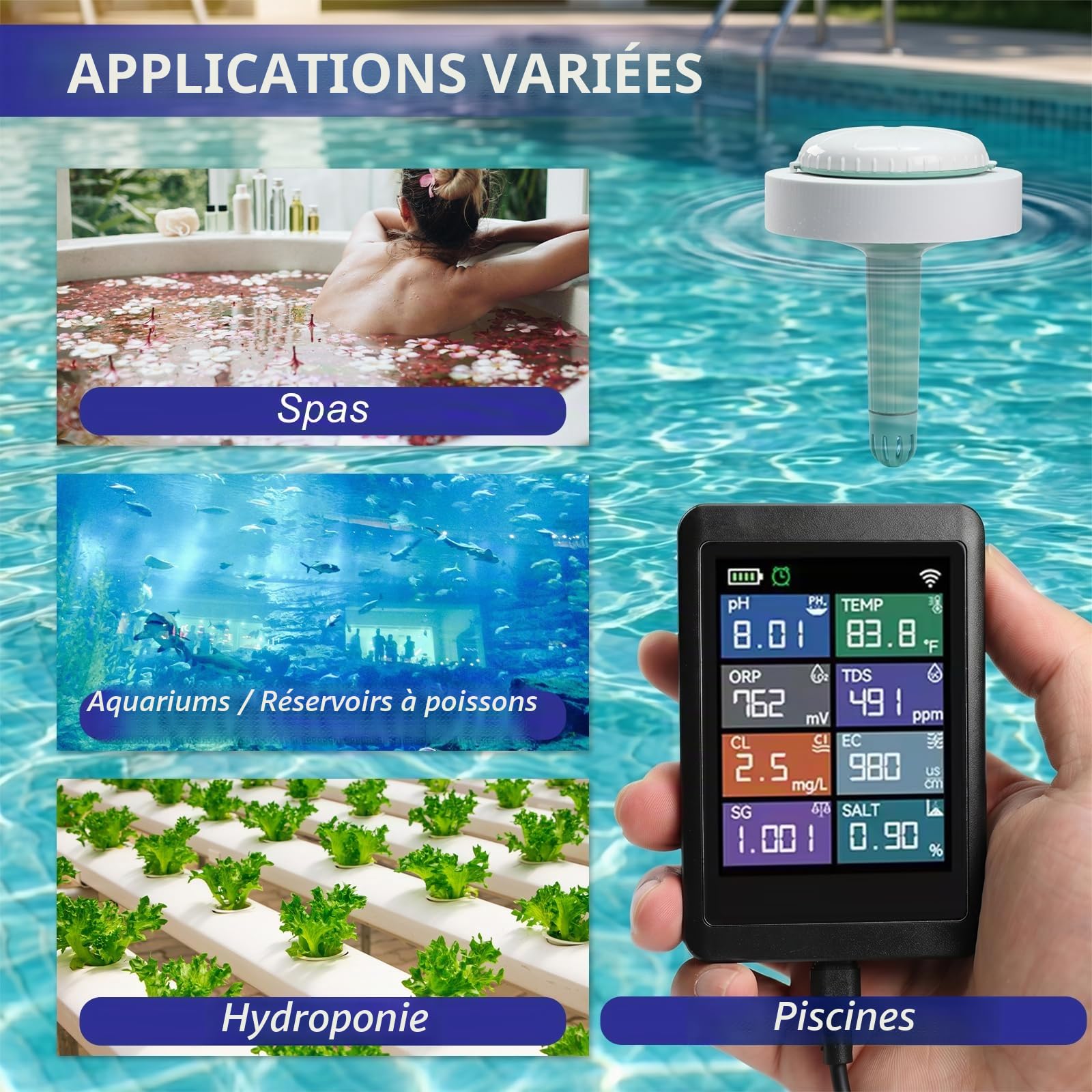 Testeur d'eau intelligent WiFi 8-en-1 pH TDS EC Chlore Salinité ORP Densité Temp, app Tuya surveillance à distance piscine aquarium spa
