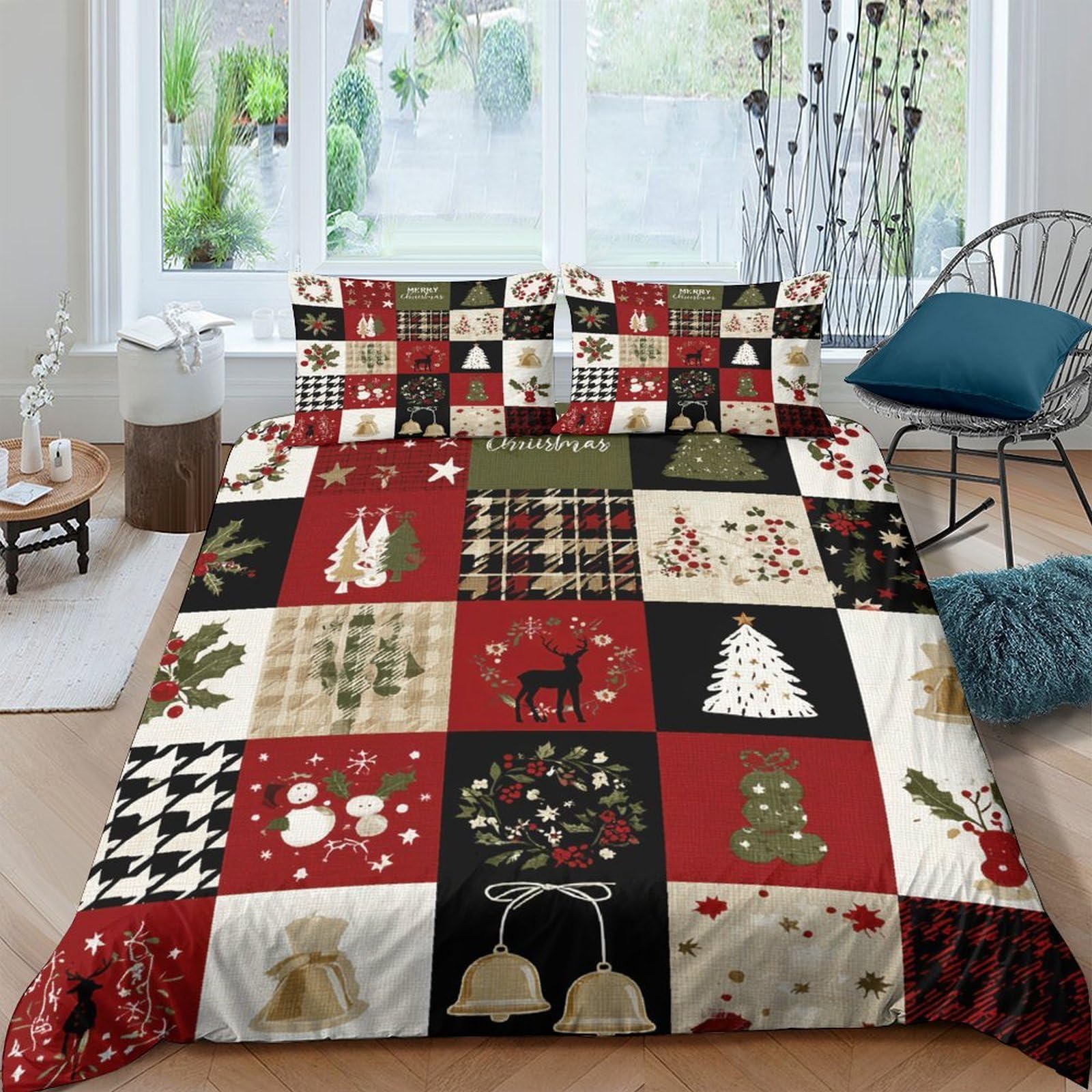 Ctjqhvkz Style-8 3D Printed Christmas Patchwork Fitted Sheet Microfiber Red Green Plaid Bed Cover For Bedroom Guest Room Decor Single（135X200cm）