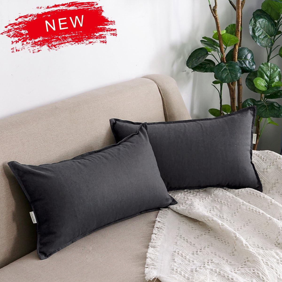 Jeanerlor Natural Cotton Linen Decorative Lumbar Throw Pillow Case Dark Grey Cushion Cover with Twin Needles Stitch on Edge,for Office/Coffee Shop 12"x20" 2 pack - Image 7
